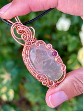 Load image into Gallery viewer, Rose quartz with rhodochrosite + ruby gem accents wire wrapped pendant necklace
