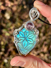 Load image into Gallery viewer, DESIGNER CAB CARVED labradorite with super 7 inclusions Wire wrapped pendant
