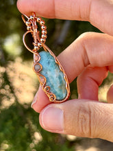 Load image into Gallery viewer, Larimar with rhodonite + aquamarine gem accent wire wrapped pendant necklace
