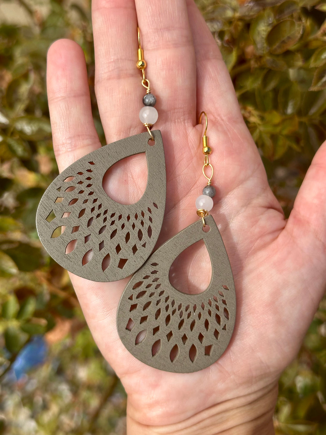Larvikite grey wooden earrings