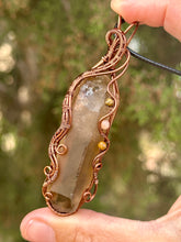 Load image into Gallery viewer, Smoky citrine with tigers eye + sunstone gem accents wire wrapped pendant necklace

