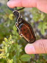 Load image into Gallery viewer, Mahogany obsidian “coffin” with obsidian gem inclusions wire wrapped pendant necklace

