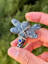 Load image into Gallery viewer, Larvikite dragonfly with lapis lazuli gem accent wire wrapped pendant necklace
