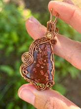 Load image into Gallery viewer, Artisan cab (positive rock) red river jasper with citrine + garnet gem accents wire wrapped pendant necklace
