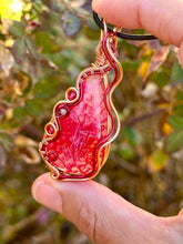 Load image into Gallery viewer, ARTISAN (Marina Rabinskaya) Red (dyed) Dragon Vein Agate with raspberry jade + phosphosiderite gem accents wire wrapped pendant necklace
