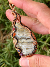 Load image into Gallery viewer, Artisan cab (positive rock) white crazy lace agate with chakra gem accents wire wrapped pendant necklace
