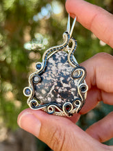 Load image into Gallery viewer, Artisan cab (johari gems) kammererite with sapphire + Angelite gem accent wire wrapped pendant necklace
