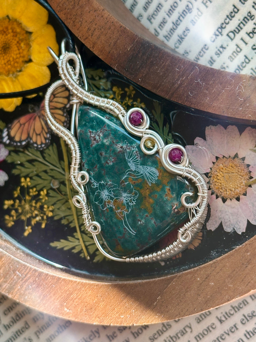 DESIGNER CAB (etched by Marina Rabinskaya) Bloodstone with ruby and prehnite inclusions  Wire wrapped pendant