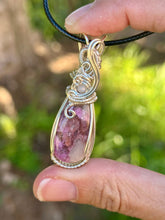 Load image into Gallery viewer, Pink Cobalt Calcite with moonstone gem accents tree of life wire wrapped pendant necklace
