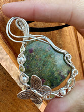 Load image into Gallery viewer, Reserved for Denise a Ruby in Fuchsite with Pearl, Prehnite Gem Inclusions Wire Wrapped Pendent Necklace
