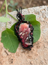 Load image into Gallery viewer, Artisan cab (johari gems) lava vein crazy lace agate with garnet + obsidian gem accents wire wrapped pendant necklace
