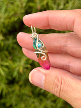 Load image into Gallery viewer, Rainbow aura quartz with blue apatite gem accents mini wire wrapped pendant necklace
