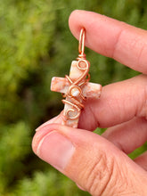 Load image into Gallery viewer, Pink/peach jasper cross with mother of pearl gem accent wire wrapped pendant necklace
