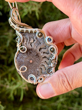Load image into Gallery viewer, Ammonite with pyrite + sapphire gem accents wire wrapped pendant necklace
