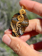 Load image into Gallery viewer, Tiger eye leaf with citrine gem accent wire wrapped pendant necklace
