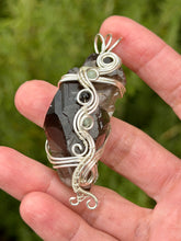 Load image into Gallery viewer, Raw smoky quartz cluster with blue kyanite + black tourmaline gem accents wire wrapped pendant necklace

