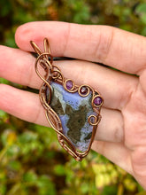 Load image into Gallery viewer, ARTISAN CAB (flintstone studio) Indonesian purple moss agate with amethyst + garnet inclusions wire wrapped pendant necklace
