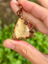 Load image into Gallery viewer, Artisan cab (positive rock) druzy carnelian with garnet + tiger eye, carnelian gem accents wire wrapped pendant necklace
