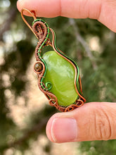 Load image into Gallery viewer, Green cat’s eye with green tourmaline gem accents wire wrapped pendant necklace
