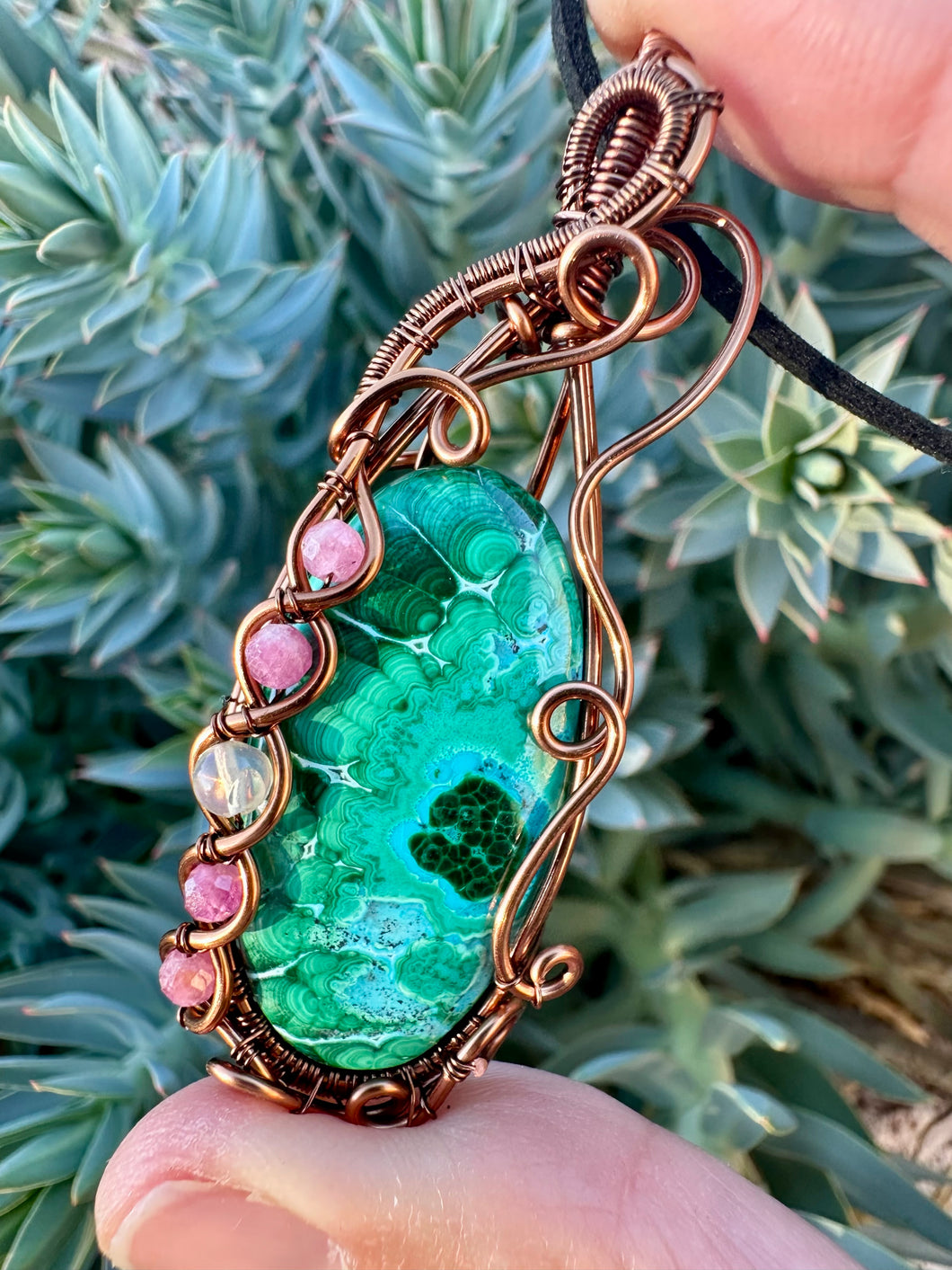 Reserved for Shelby h Malachite/Chrysocolla  with gem inclusions  Wire Wrapped Pendent Necklace