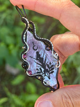 Load image into Gallery viewer, Artisan cab (Marina rabinskaya) Lepidolite Mica with pyrite, ruby,  onyx gem accents wire wrapped pendant necklace
