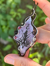 Load image into Gallery viewer, Artisan cab (Marina rabinskaya) Lepidolite Mica with pyrite, ruby,  onyx gem accents wire wrapped pendant necklace
