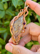 Load image into Gallery viewer, Artisan cab (positive rocks) purple imperial jasper with amethyst, garnet, hematite gem accents wire wrapped pendant necklace
