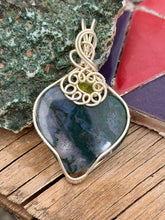 Load image into Gallery viewer, Moss agate with faceted peridot gem accent wire wrapped pendant necklace
