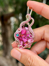 Load image into Gallery viewer, Artisan cab (johari gems) Pink spiny oyster with rhodonite + turquoise gem accents wire wrapped pendant necklace
