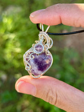 Load image into Gallery viewer, Lepidolite with amethyst gem accents tree of life wire wrapped pendant necklace
