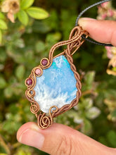 Load image into Gallery viewer, ARTISAN cab (flintstone studio) Aurora Opal Plume Agate Doublet with Ruby + Rhodonite inclusions wire wrapped pendant talisman necklace
