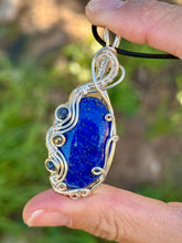 Load image into Gallery viewer, Lapis lazuli with sapphire + pyrite gem accents wire wrapped pendant necklace
