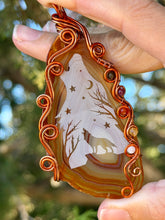 Load image into Gallery viewer, Artisan cab (Marina rabinskaya) carnelian agate slice with wolf design with  obsidian, garnet, carnelian, citrine, moonstone gem accents wire wrapped pendant necklace
