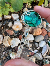Load image into Gallery viewer, Reserved for Carrie Malachite with Black Onyx Inclusions Wire Wrapped Key Pendent Necklacee
