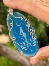 Load image into Gallery viewer, Artisan cab (Marina rabinskaya) blue agate goddess moon with turquoise, amethyst, strawberry quartz gem accents wire wrapped pendant necklace
