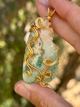 Load image into Gallery viewer, Artisan cab (positive rock) rainbow solar quartz druzy with Amazonite, green mica, serpentine, blue kyanite gem accents wire wrapped pendant necklace

