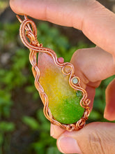 Load image into Gallery viewer, Artisan cab (positive rocks) rainbow dragon vein agate with rhodonite, citrine, green aventurine, green mica gem accents wire wrapped pendant necklace
