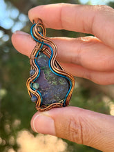 Load image into Gallery viewer, Artisan cab (johari gems) half polished azurite/malachite with sodalite + green mica gem accents wire wrapped  pendant necklace
