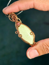 Load image into Gallery viewer, Lemon chrysoprase with ruby gem accent wire wrapped pendant necklace

