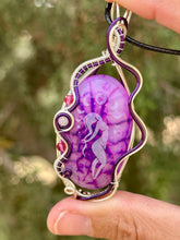 Load image into Gallery viewer, Artisan cab (Marina rabinskaya) dragon vein pink (dyed) agate with raspberry jade + rose quartz gem accents wire wrapped pendant necklace
