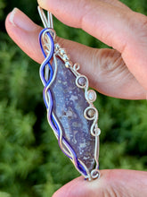 Load image into Gallery viewer, Artisan cab (positive rocks) grape agate with purple mookaite + pearl gem accents wire wrapped pendant necklace
