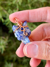 Load image into Gallery viewer, Blue spot jasper mini wolf head with lapis lazuli gem accent wire wrapped pendant necklace
