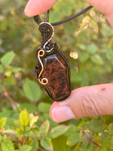 Load image into Gallery viewer, Mahogany obsidian “coffin” with obsidian gem inclusions wire wrapped pendant necklace
