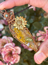 Load image into Gallery viewer, Reserved for Tanya r ARTISAN CAB (CAB BY POSITIVE ROCKS) Yellow Ocean Jasper with green aventurine inclusions sunflower charm Wire wrapped pendant

