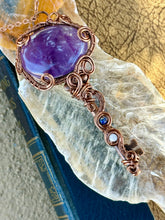 Load image into Gallery viewer, Reserved for Meredith T Trapiche amethyst with lapis lazuli + moonstone inclusions key  Wire wrapped pendant
