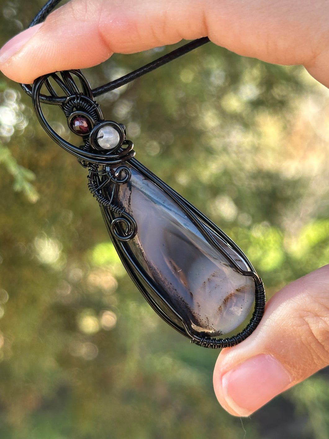 Montana agate with labradorite + garnet gem accents wire wrapped pendant necklace
