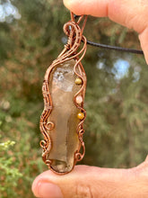 Load image into Gallery viewer, Smoky citrine with tigers eye + sunstone gem accents wire wrapped pendant necklace
