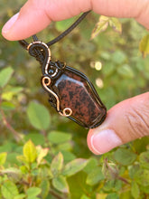 Load image into Gallery viewer, Mahogany obsidian “coffin” with obsidian gem inclusions wire wrapped pendant necklace
