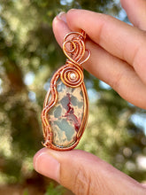 Load image into Gallery viewer, Sea sediment jasper with pearl gem accent wire wrapped pendant necklace

