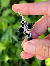 Load image into Gallery viewer, Black magnesite mini cross with pyrite gem accent wire wrapped pendant necklace
